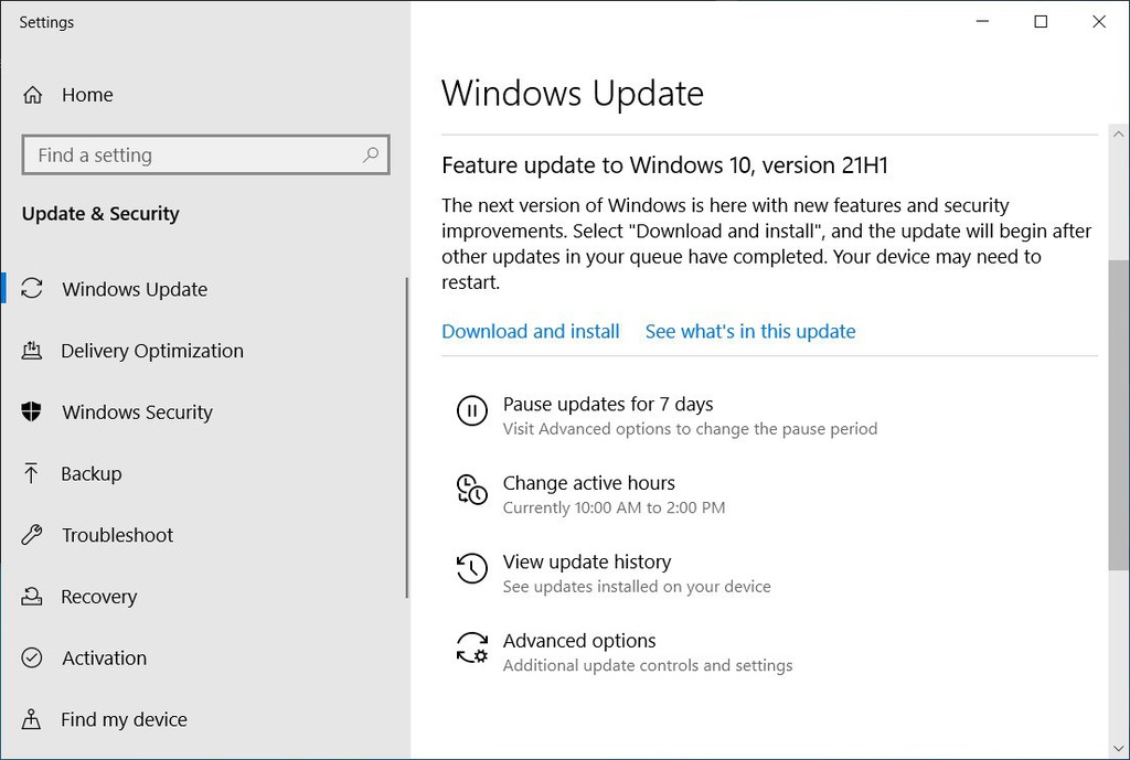 Microsoft đã triển khai cập nhật tự động Windows 10 21H1